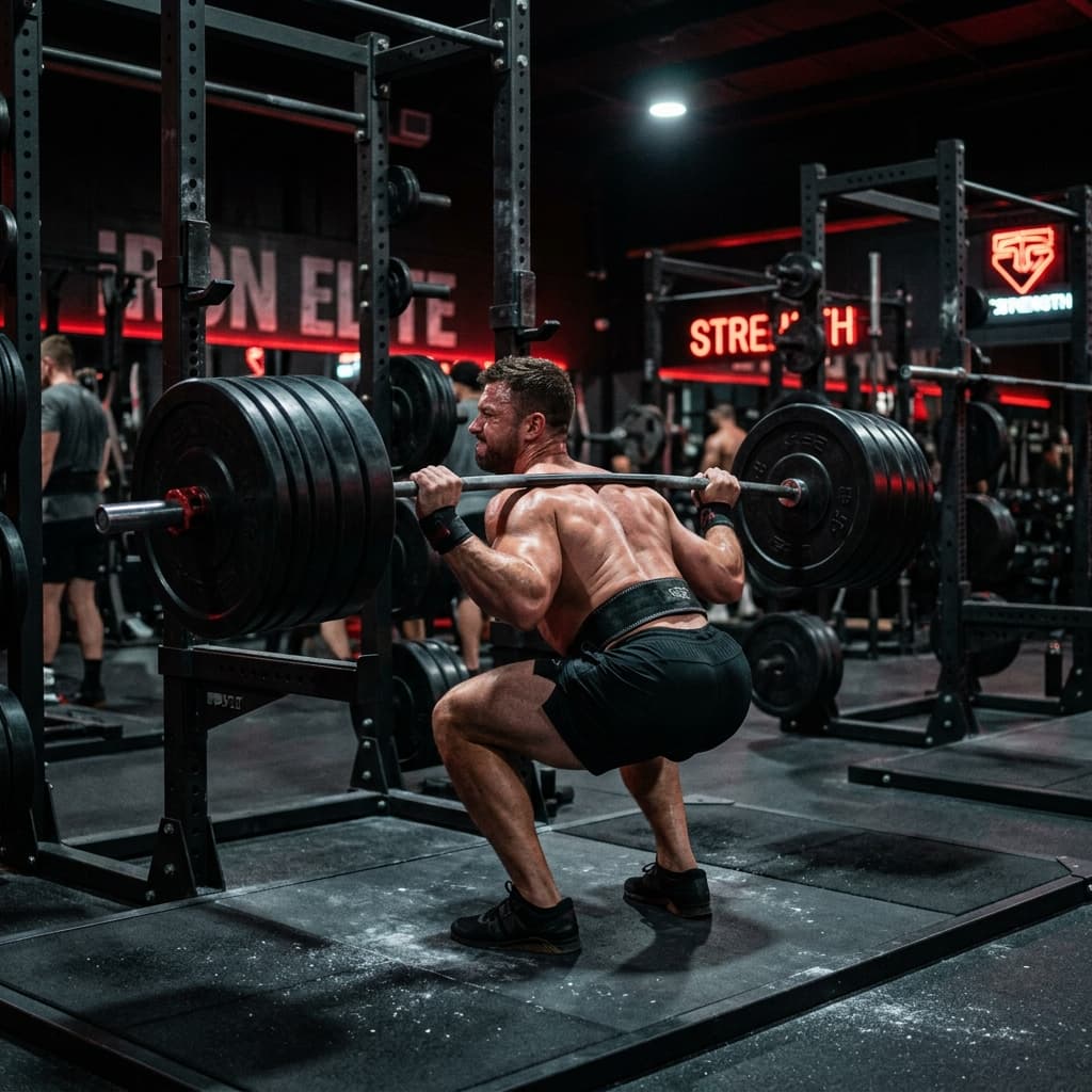 Professional athlete performing strength training inside a modern commercial gym.